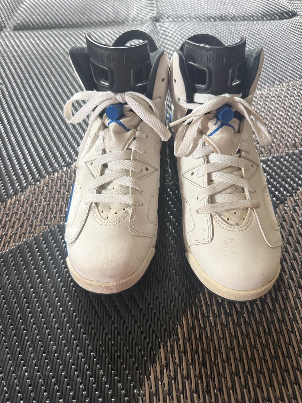 Jordan Kids White and Blue High-Top Sneakers with Black Tongue